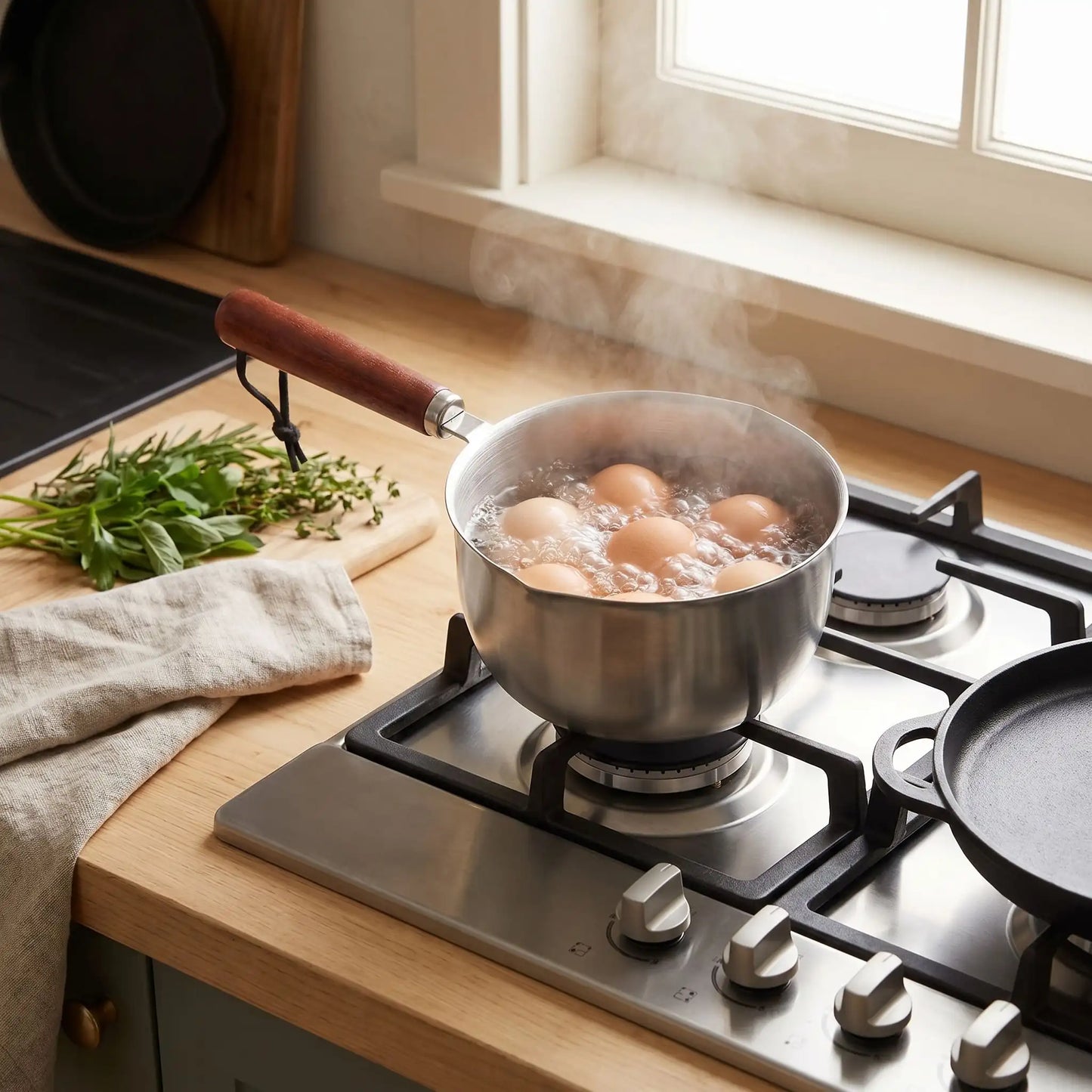 faitout en inox manche bois cuisson oeufs