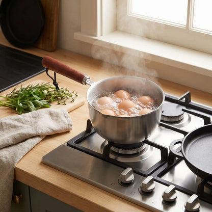 faitout en inox manche bois cuisson oeufs
