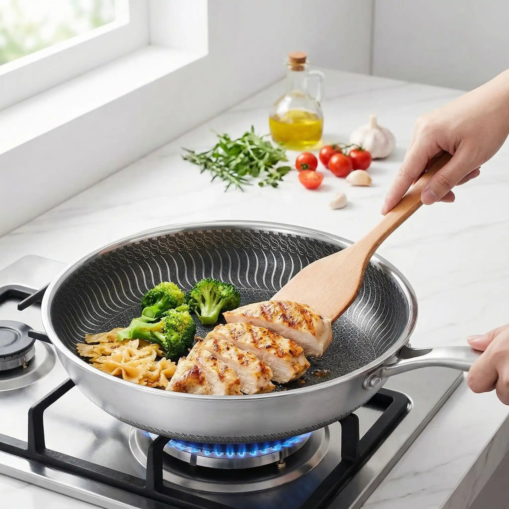 poele inox grill legume poulet sain