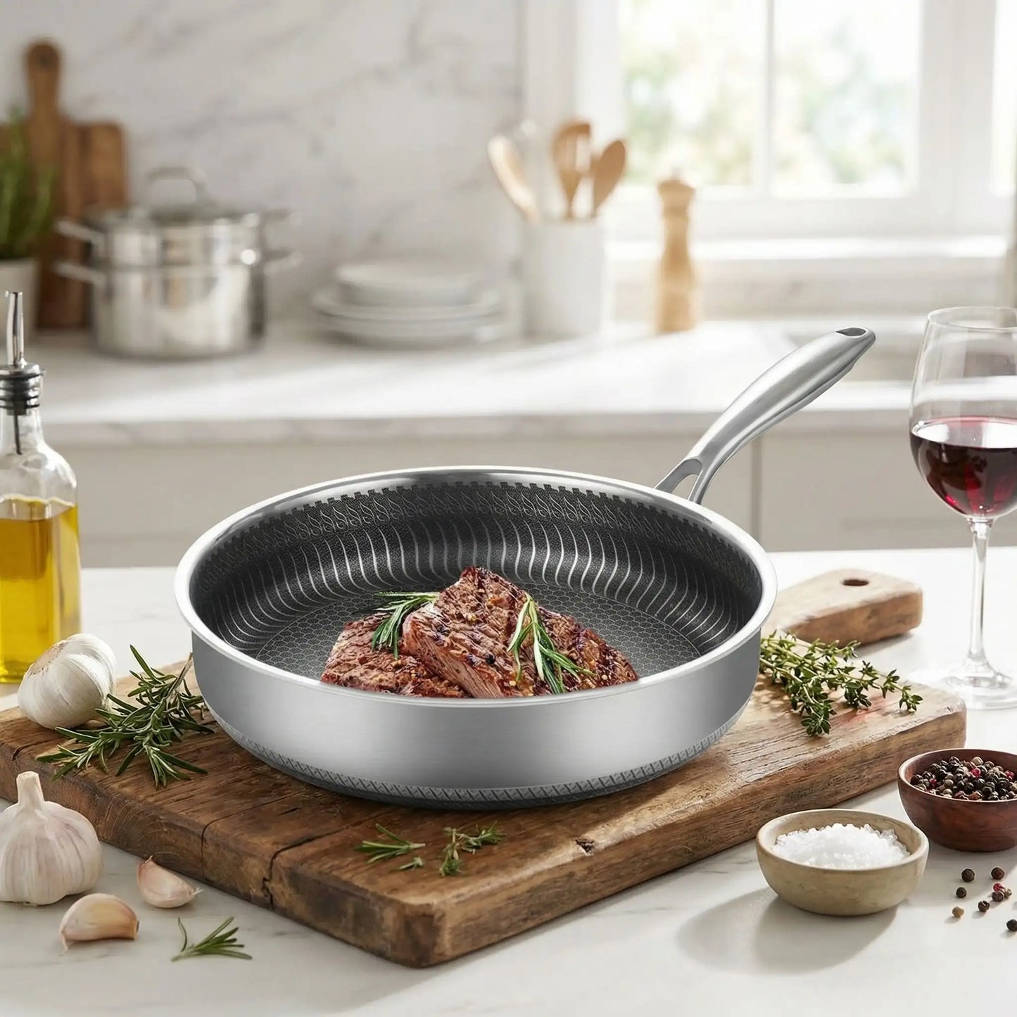 poele inox moderne cuisson viande sain