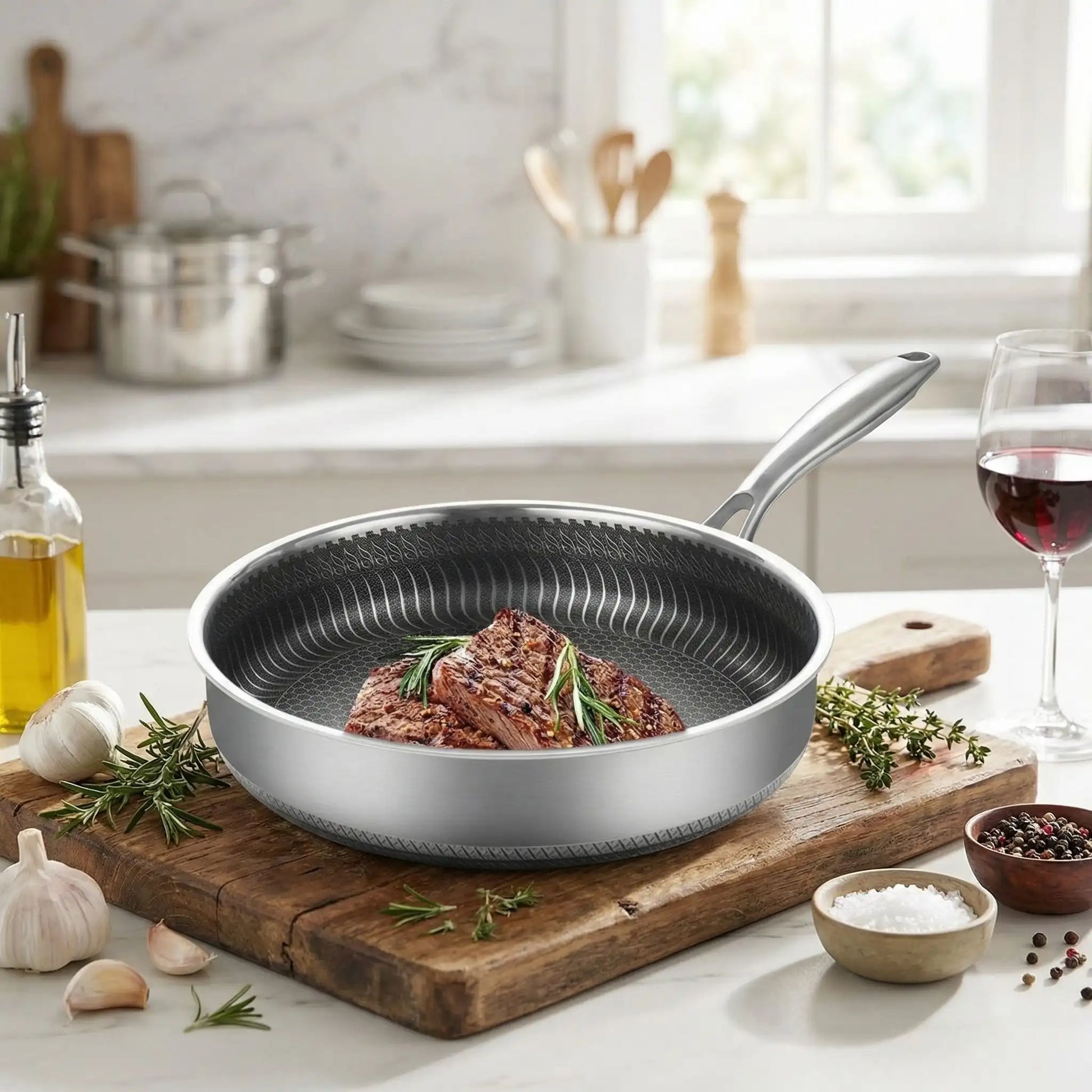poele inox moderne cuisson viande sain