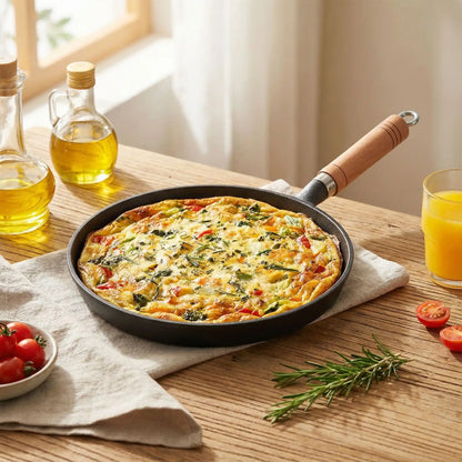 poele plate fonte manche bois antiadhesive