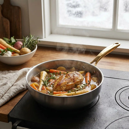 poeles en inox poignee doree cuisson viande legume